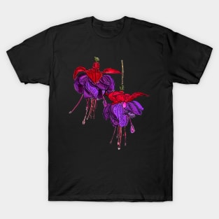 Hanging Fuchsia Dark Eyes Botanical Drawing T-Shirt